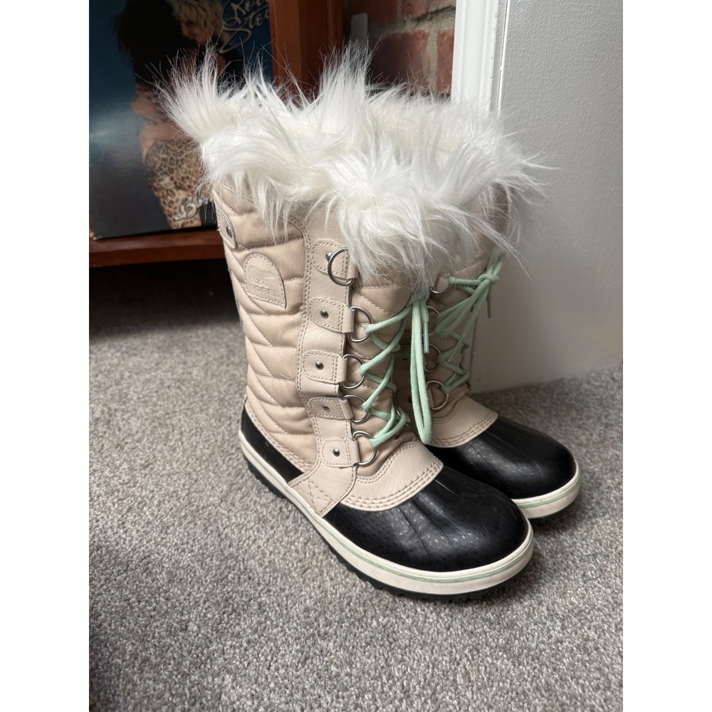 Sorel Joan of Arctic Winter Boots Cream Black Faux Fur Waterproof 6.5